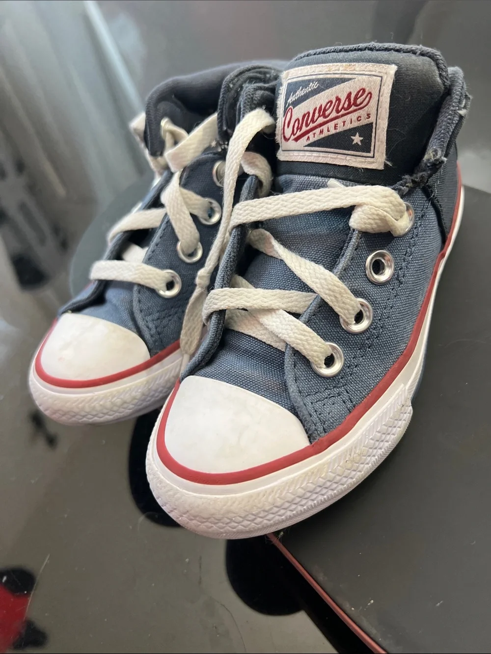 Converse Low-Top Sneakers in Blue, Black and White with Red Trim